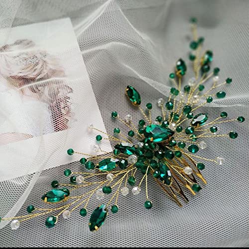 Teyglen Gelin Düğün Altın Gümüş Dainty Saç Combs Yeşil Rhinestones Kristal Yan Saç Tarak Çiçek Kristal Gelin Saç Aksesuarları