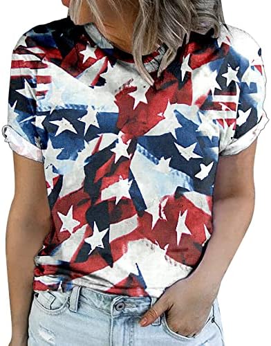 4 temmuz T-Shirt Kadınlar için Kısa Kollu O Boyun T-Shirt Amerikan Bayrağı Çizgili Kravat Boya Vatansever Gömlek Tunik