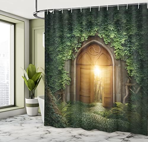 Ambesonne Fantezi Duş Perdesi, Yeşilliklerle Gizemli Yarı Açık Ahşap Girişten Güneş Işınları, Kancalı Bez Kumaş Banyo