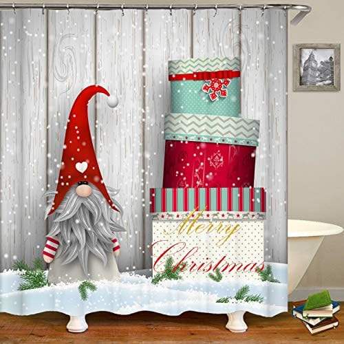 Kryfa Noel Gnome Duş Perdeleri Banyo, Vintage Noel Tema Duş Perdesi, Kış Tatili Noel Kumaş Duş Perdesi Banyo Dekor