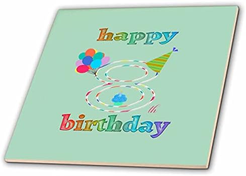 3dRose 8. Doğum Günün Kutlu Olsun, Mumlu Kek, Balonlar, Şapka, Renkli Fayanslar (ct_350731_1)