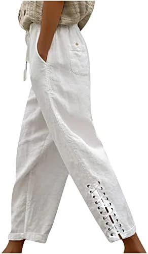 TUNUSKAT kadın Beyaz kapri pantolonlar Pamuk Keten Yüksek Bel İpli Mahsul cepli pantolon Rahat Geniş Bacak Kırpılmış