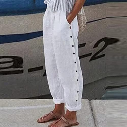 TUNUSKAT Beyaz kapri pantolonlar Bayan Pamuk Keten Yüksek Bel İpli Mahsul cepli pantolon Rahat Geniş Bacak Kırpılmış