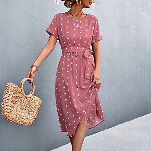 Polka Dot Midi Mütevazı Yaz Elbiseler Kadınlar için Rahat Yuvarlak Boyun Kısa Kollu evaze elbise
