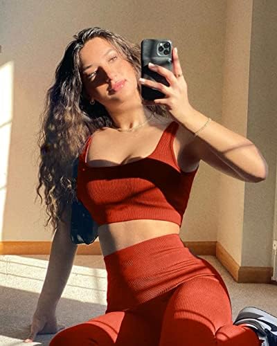 QINSEN Dikişsiz Tayt Kadınlar için Sıkı 2 Parça Yoga Kıyafeti Kare Boyun Kırpma Tankı Setleri Tuğla Kırmızı M