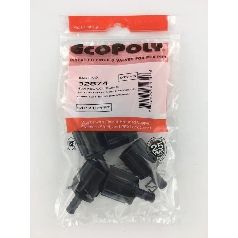 Ecopoly 32874 Kaplin, 3/8x 1/2 FPT, 0,375 ID, Kıvrımlı, Plastik (5'li Paket)
