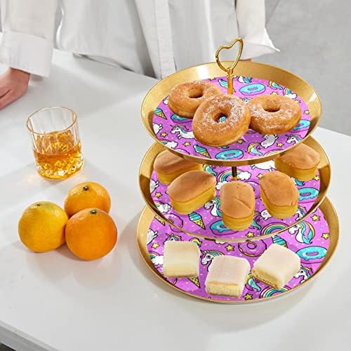 Lyetny 3 Katmanlı Tatlı Kek Standı Altın Cupcake Pasta Standı Çay Partisi, Düğün ve Doğum Günü, Pembe Tek Boynuzlu