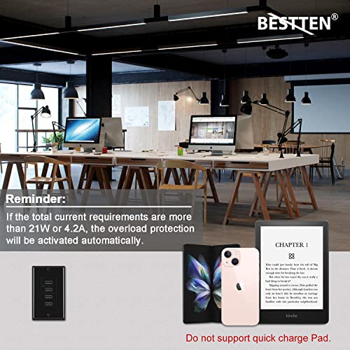 BESTTEN 4.2 A/21W USB Duvar Priz Çıkışı, 4 Yüksek Hızlı USB Şarj Portu ve LED Göstergesi, Duvar Plakası Dahil, UL