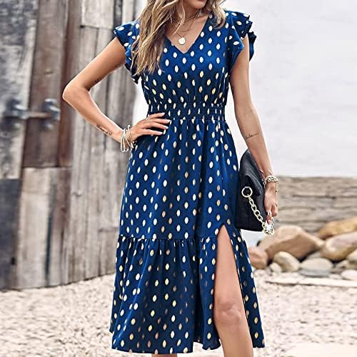 MIASHUI Sevimli Plaj Kıyafetleri Kadınlar için Kadın Yaz Polka Dot Fırfır Kolsuz V Boyun Flowy Midi Maxi yaz elbisesi