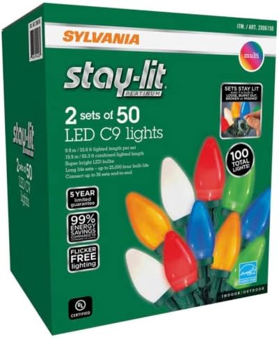 SYLVANİA Stay-Lit Platin LED C9 dize ışıkları, 2 Set 50, İç / Dış Mekan