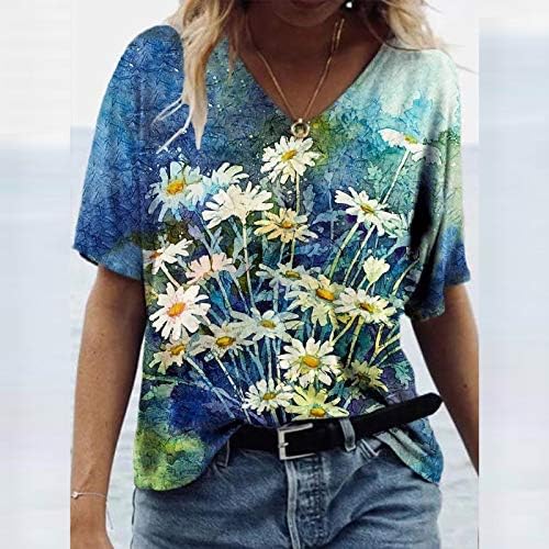 Bayan Yaz Üstleri Moda Çiçek Baskı T-shirt Rahat Gevşek Artı Boyutu Üstleri Çiçek Baskı V Boyun T-shirt
