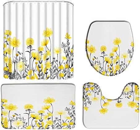 Sarı Çiçekler Duş Perdesi Sarı Çiçek Gri Yapraklar Şube Rustik Bitki Çiftlik Evi Bahar Ülke Kadın Dekor Kumaş Banyo