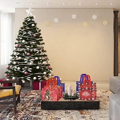 Cieovo 12 Parça Noel Büyük Hediye Tote Çanta Kolları ile Noel Ağacı Santa Kar Tanesi Baskı Dokunmamış Çanta Parti