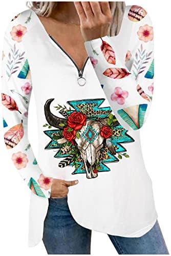 Kadın Aztek Baskı Batı Etnik Tunik Üstleri Yarım Zip Uzun Kollu Tunikler Casual Vintage Grafik bol tişört Üst