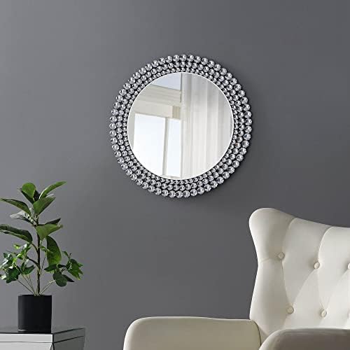 Duvar Dekorasyonu için MİREO Kristal Elmas Yuvarlak Şekilli Gümüş Ayna. Elmas çerçeve ayna, çarpıcı ev elmas dekor.23,6×23,6×0,6