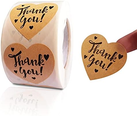 Teşekkür Ederim Kalp etiket rulosu, 1.5 inç Teşekkür Ederim Çıkartmalar Kahverengi Kraft Kağıt, 500 p/Rulo, Küçük