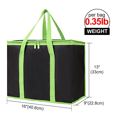 Bodaon 4-Pack Yalıtımlı Pizza Teslimi Çanta, X-Large Kullanımlık Bakkal Alışveriş Çantaları, Siyah Yeşil Kenarlı